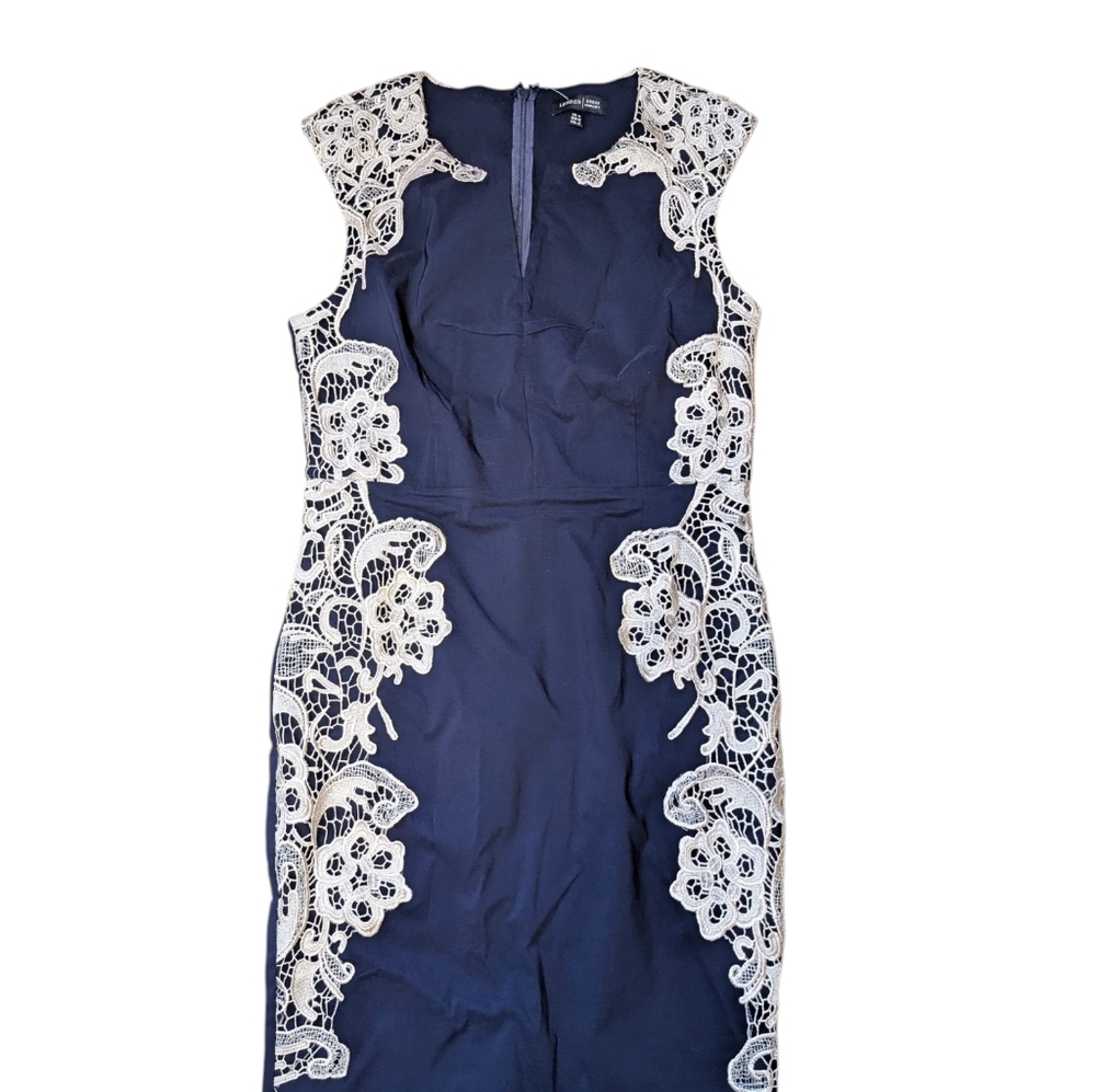 London Dress Company Size 10 Blue Dress With Lace Appliques Going Down The Sides